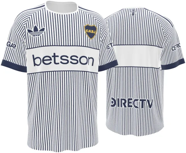 Camisa visitante do Boca Juniors 2027 branca com listras azuis e faixa no peito, frente e costas