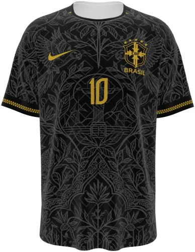 Camisa conceito do Brasil 2026 preta com folhagem e número 10 dourado, frente e costas