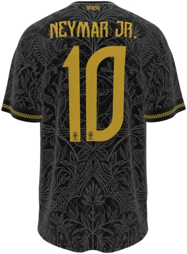 Camisa conceito do Brasil 2026 preta com folhagem e número 10 dourado, frente e costas