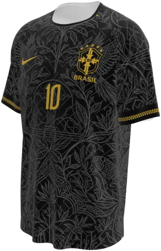 Camisa conceito do Brasil 2026 preta com folhagem e número 10 dourado, frente e costas