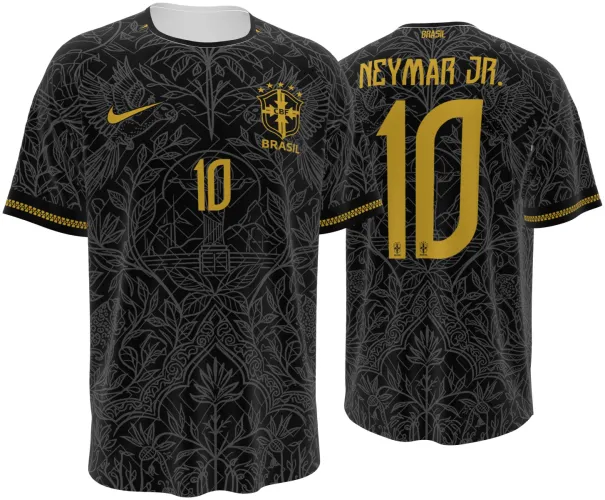 Camisa conceito do Brasil 2026 preta com folhagem e número 10 dourado, frente e costas