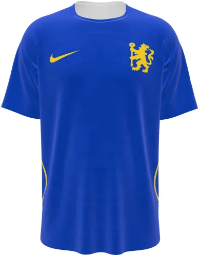 Camisa titular do Chelsea 2026 - 2027 azul lisa com leão amarelo, frente e costas