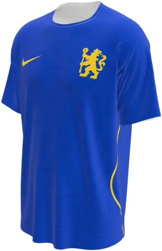 Camisa titular do Chelsea 2026 - 2027 azul lisa com leão amarelo, frente e costas