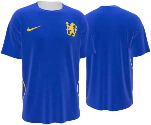 Camisa titular do Chelsea 2026 - 2027 azul lisa com leão amarelo, frente e costas