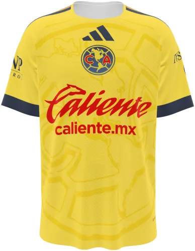 Camisa titular do Club América 2026 - 2027 amarela com o mapa das Américas tom sobre tom, frente e costas