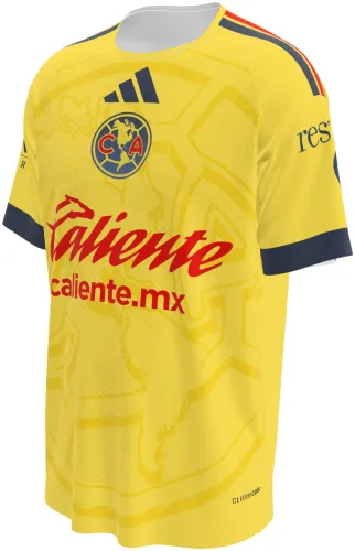 Camisa titular do Club América 2026 - 2027 amarela com o mapa das Américas tom sobre tom, frente e costas