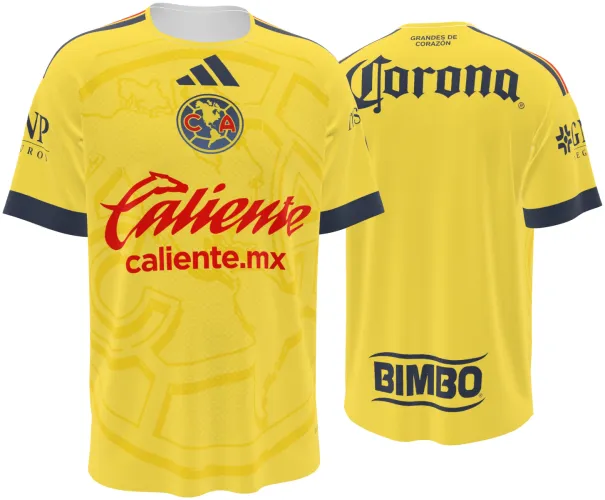 Camisa titular do Club América 2026 - 2027 amarela com o mapa das Américas tom sobre tom, frente e costas