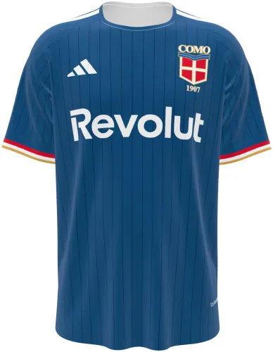 Camisa titular do Como 1907 2026 - 2027 azul-petróleo com listras finas, frente e costas