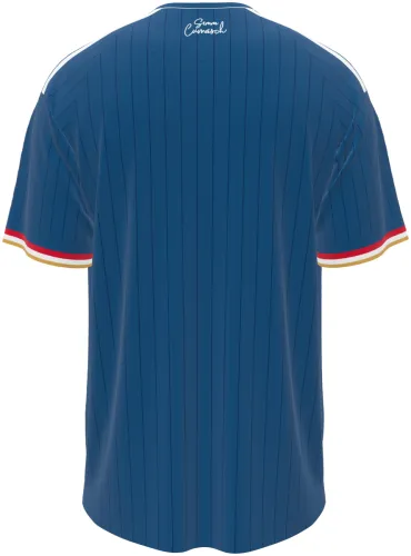 Camisa titular do Como 1907 2026 - 2027 azul-petróleo com listras finas, frente e costas