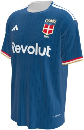 Camisa titular do Como 1907 2026 - 2027 azul-petróleo com listras finas, frente e costas
