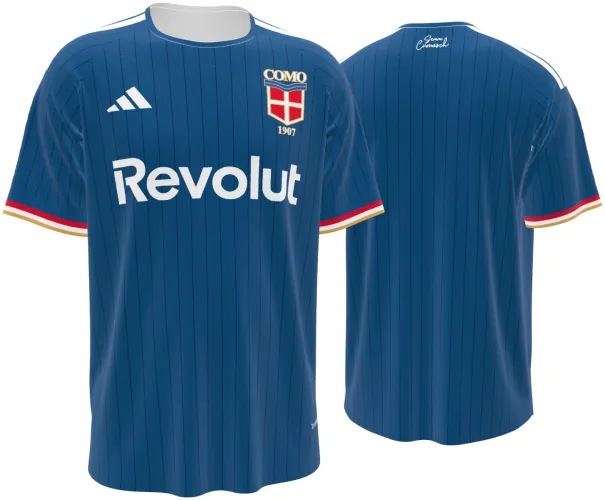 Camisa titular do Como 1907 2026 - 2027 azul-petróleo com listras finas, frente e costas
