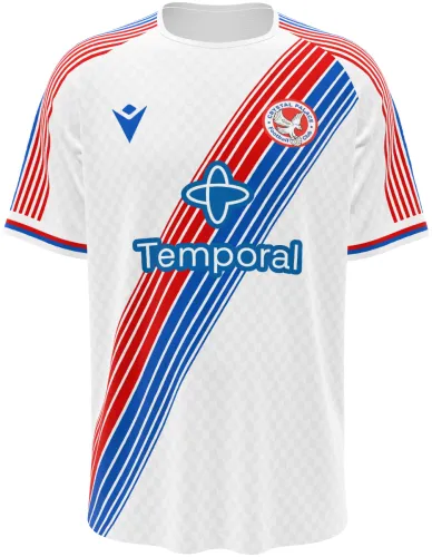 Camisa titular do Crystal Palace 2026 - 2027 branca com faixa diagonal vermelha e azul, frente e costas