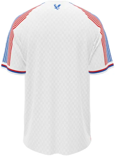 Camisa titular do Crystal Palace 2026 - 2027 branca com faixa diagonal vermelha e azul, frente e costas