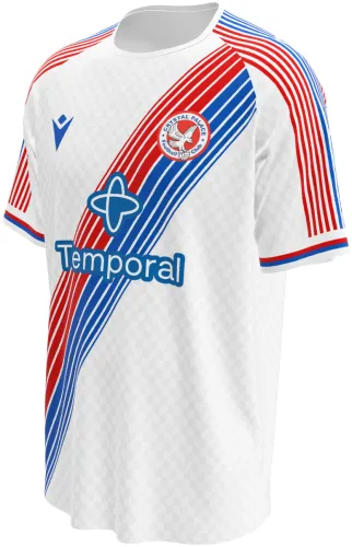Camisa titular do Crystal Palace 2026 - 2027 branca com faixa diagonal vermelha e azul, frente e costas