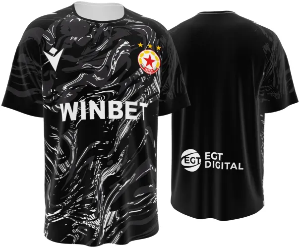 Camisa terceiro uniforme do CSKA Sofia 2026 - 2027 preta com marmorizado branco, frente e costas
