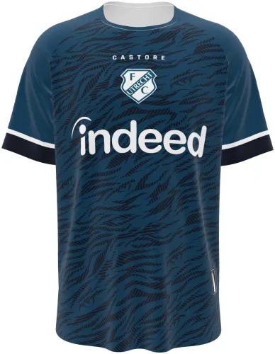Camisa visitante do FC Utrecht 2026 - 2027 azul-petróleo com textura de riscos, frente e costas