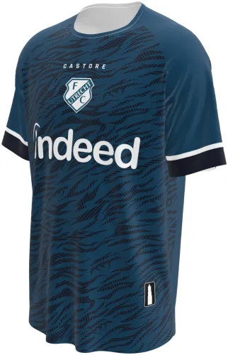Camisa visitante do FC Utrecht 2026 - 2027 azul-petróleo com textura de riscos, frente e costas