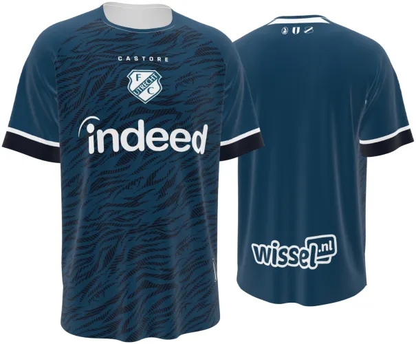 Camisa visitante do FC Utrecht 2026 - 2027 azul-petróleo com textura de riscos, frente e costas