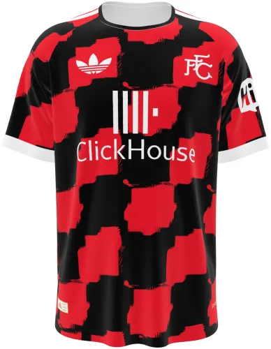 Camisa visitante do Fulham FC 2026 - 2027 com xadrez vermelho e preto irregular, frente e costas