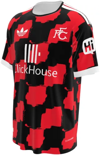 Camisa visitante do Fulham FC 2026 - 2027 com xadrez vermelho e preto irregular, frente e costas
