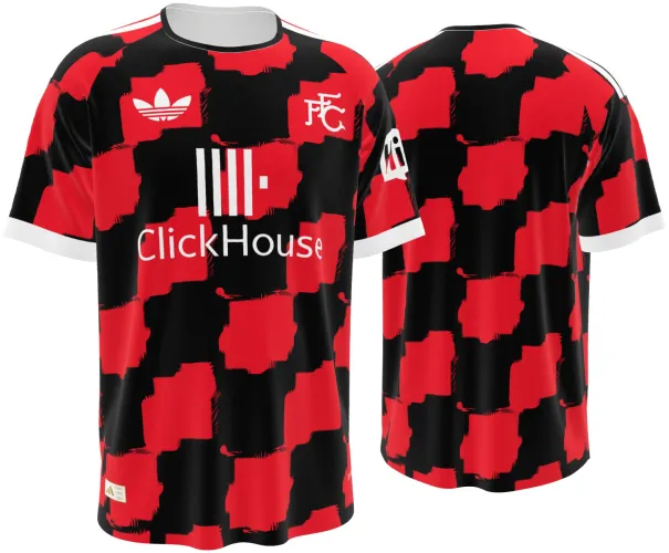 Camisa visitante do Fulham FC 2026 - 2027 com xadrez vermelho e preto irregular, frente e costas