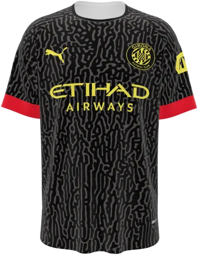 Camisa visitante do Girona FC 2026 - 2027 preta com textura de labirinto, frente e costas