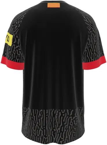 Camisa visitante do Girona FC 2026 - 2027 preta com textura de labirinto, frente e costas