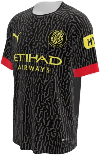 Camisa visitante do Girona FC 2026 - 2027 preta com textura de labirinto, frente e costas