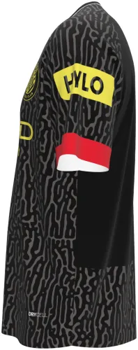 Camisa visitante do Girona FC 2026 - 2027 preta com textura de labirinto, frente e costas