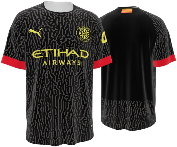 Camisa visitante do Girona FC 2026 - 2027 preta com textura de labirinto, frente e costas