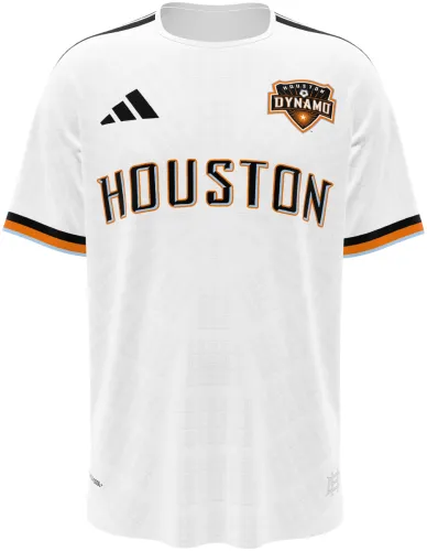 Camisa terceiro uniforme do Houston Dynamo 2026 branca com HOUSTON em letras serifadas, frente e costas