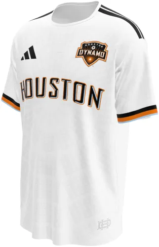 Camisa terceiro uniforme do Houston Dynamo 2026 branca com HOUSTON em letras serifadas, frente e costas