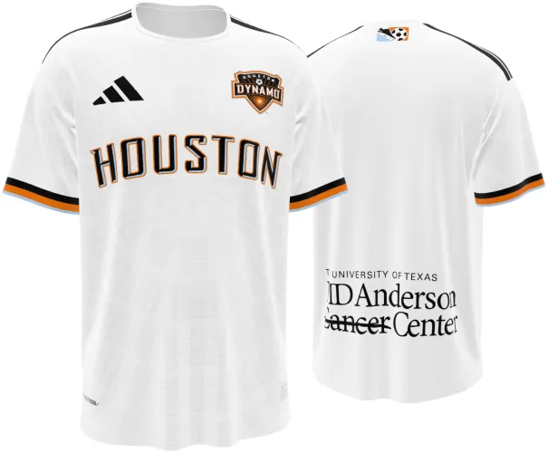 Camisa terceiro uniforme do Houston Dynamo 2026 branca com HOUSTON em letras serifadas, frente e costas