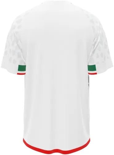 Camisa titular do Irã 2026 branca com uma chita desenhada em cinza, frente e costas