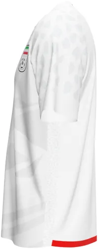 Camisa titular do Irã 2026 branca com uma chita desenhada em cinza, frente e costas