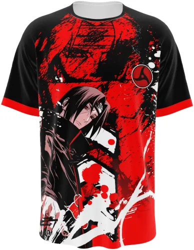 Camisa de interclasse Itachi Uchiha 2026 vermelha e preta com corvos, frente e costas