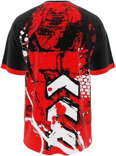 Camisa de interclasse Itachi Uchiha 2026 vermelha e preta com corvos, frente e costas