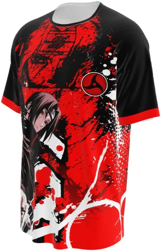 Camisa de interclasse Itachi Uchiha 2026 vermelha e preta com corvos, frente e costas