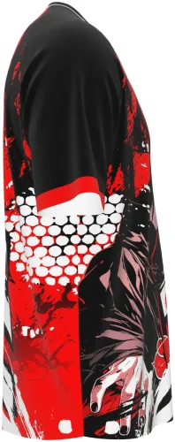 Camisa de interclasse Itachi Uchiha 2026 vermelha e preta com corvos, frente e costas
