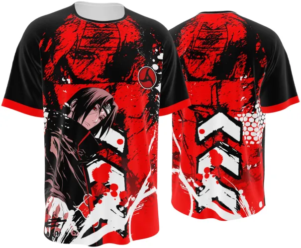 Camisa de interclasse Itachi Uchiha 2026 vermelha e preta com corvos, frente e costas