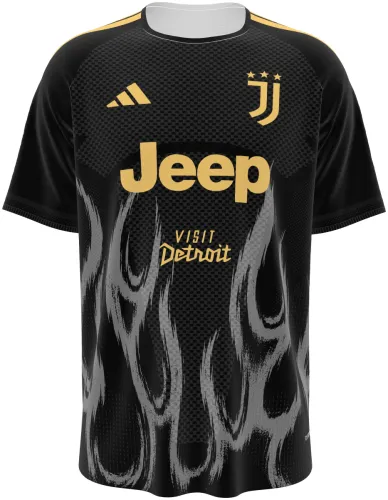 Camisa terceiro uniforme da Juventus 2026 - 2027 preta com chamas cinza, frente e costas