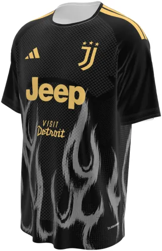 Camisa terceiro uniforme da Juventus 2026 - 2027 preta com chamas cinza, frente e costas