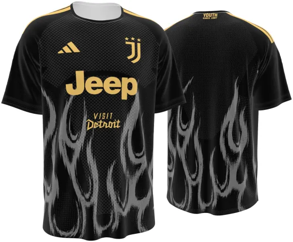 Camisa terceiro uniforme da Juventus 2026 - 2027 preta com chamas cinza, frente e costas
