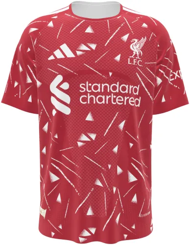 Camisa titular do Liverpool 2026 - 2027 vermelha com triângulos brancos espalhados, frente e costas