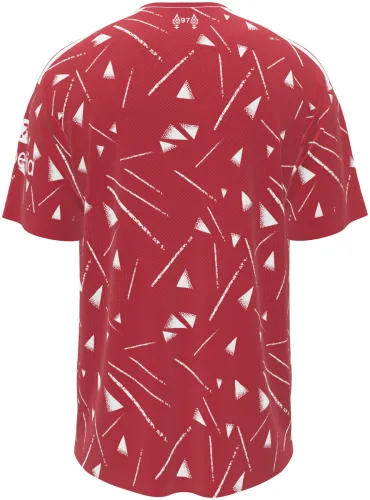 Camisa titular do Liverpool 2026 - 2027 vermelha com triângulos brancos espalhados, frente e costas
