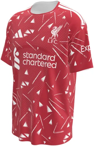 Camisa titular do Liverpool 2026 - 2027 vermelha com triângulos brancos espalhados, frente e costas