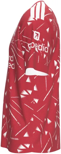 Camisa titular do Liverpool 2026 - 2027 vermelha com triângulos brancos espalhados, frente e costas