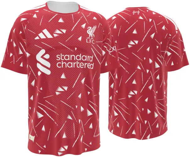 Camisa titular do Liverpool 2026 - 2027 vermelha com triângulos brancos espalhados, frente e costas