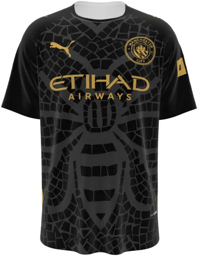 Camisa conceito do Manchester City 2026 preta com uma abelha grande em mosaico, frente e costas