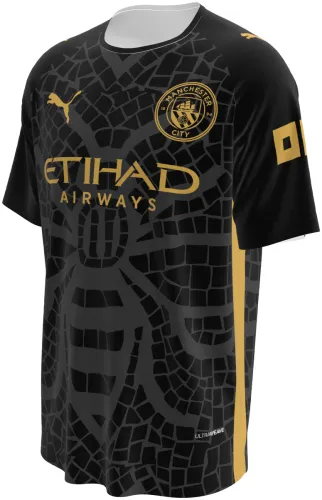 Camisa conceito do Manchester City 2026 preta com uma abelha grande em mosaico, frente e costas